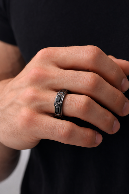 Black Rhodium Plated 925 Sterling Silver Men's Baguette Black CZ 7mm Ring