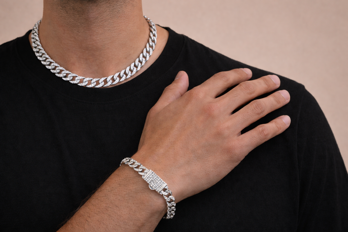 Rhodium Plated 925 Sterling Silver Miami Cuban Half Link Studded Clear CZ 6.9mm Necklace or Bracelet