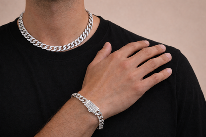 Rhodium Plated 925 Sterling Silver Miami Cuban Half Link Studded Clear CZ 6.9mm Necklace or Bracelet