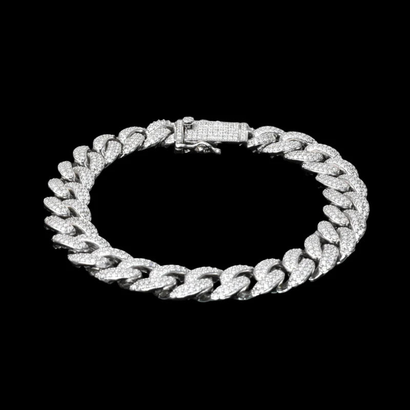 Rhodium Plated 925 Sterling Silver Moissanite Miami Cuban 10mm Bracelet or Necklace