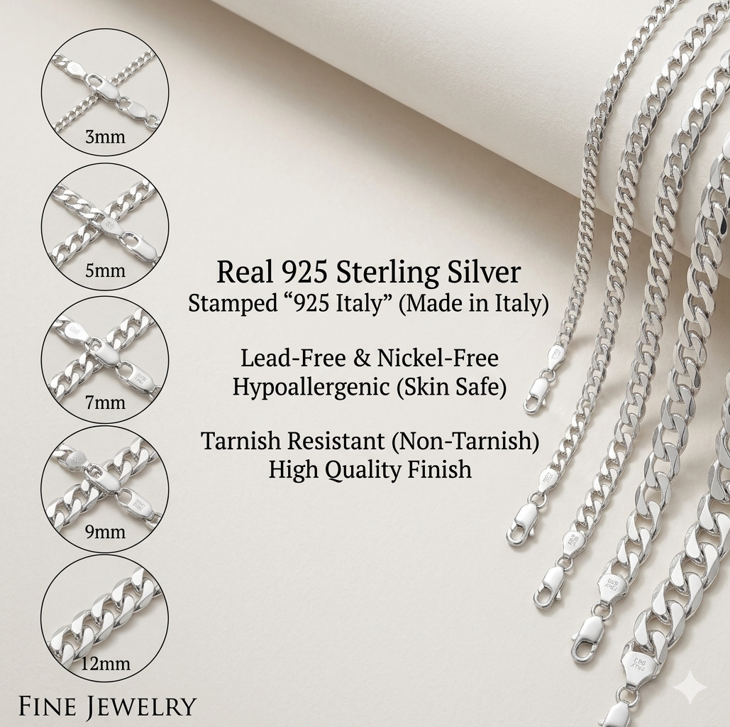 Real 925 Sterling Silver Flat Curb Cuban Chain Necklace or Bracelet – 1mm to 16.5mm Made in Italy