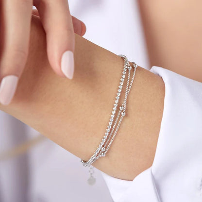 Rhodium Plated 925 Sterling Silver Layered Bead Chain Adjustable Bracelet