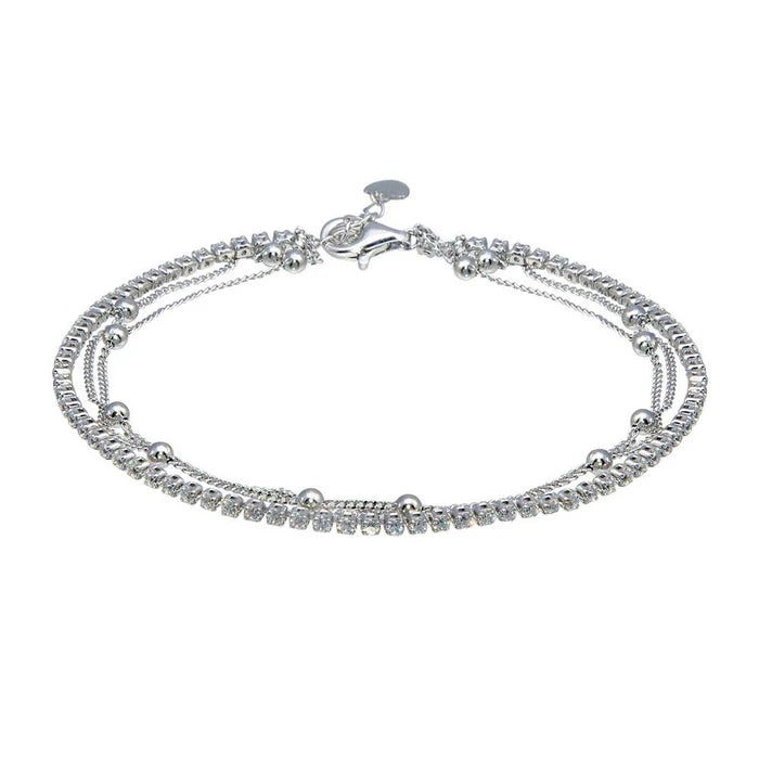 Rhodium Plated 925 Sterling Silver Layered Bead Chain Adjustable Bracelet