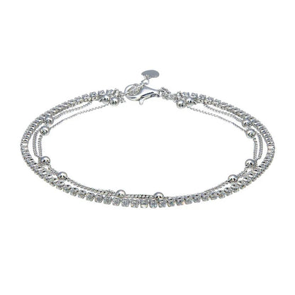 Rhodium Plated 925 Sterling Silver Layered Bead Chain Adjustable Bracelet