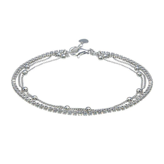 Rhodium Plated 925 Sterling Silver Layered Bead Chain Adjustable Bracelet