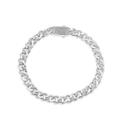Rhodium Plated 925 Sterling Silver Miami Cuban Half Link Studded Clear CZ 7mm Necklace or Bracelet