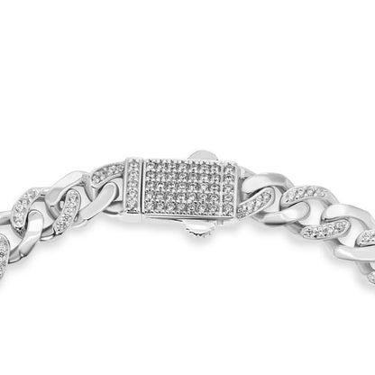 Rhodium Plated 925 Sterling Silver Miami Cuban Half Link Studded Clear CZ 7mm Necklace or Bracelet