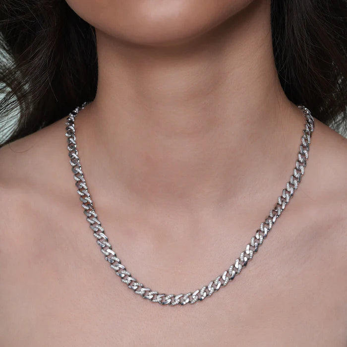 Rhodium Plated 925 Sterling Silver Miami Cuban Half Link Studded Clear CZ 6.9mm Necklace or Bracelet