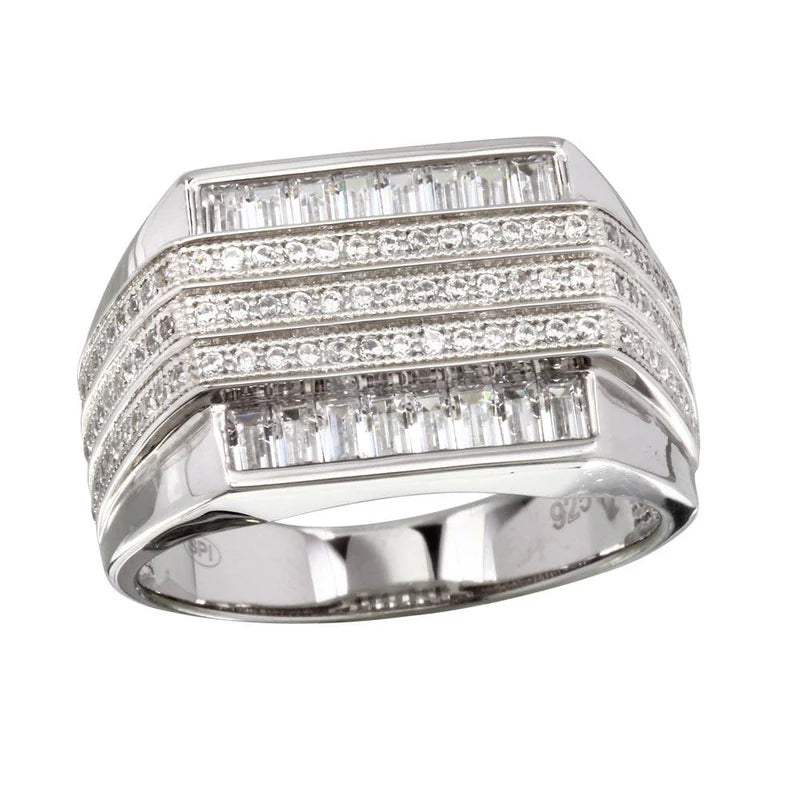 Rhodium Plated 925 Sterling Silver Men's 3 Bar CZ Ring