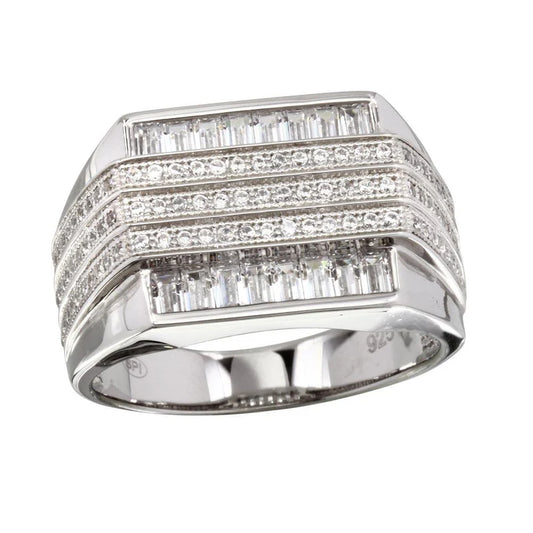 Rhodium Plated 925 Sterling Silver Men's 3 Bar CZ Ring