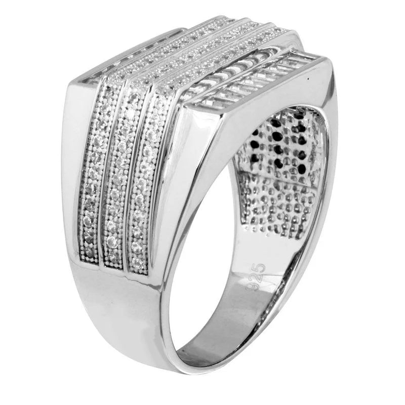 Rhodium Plated 925 Sterling Silver Men's 3 Bar CZ Ring