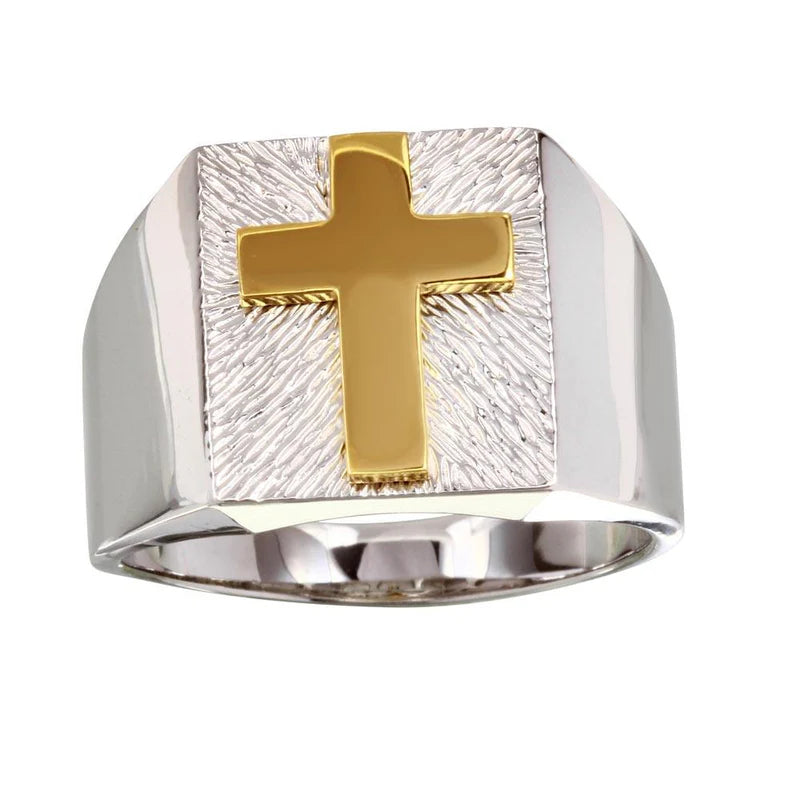 Two-Tone 925 Sterling Silver Men's Cross Ring