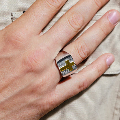 Two-Tone 925 Sterling Silver Men's Cross Ring