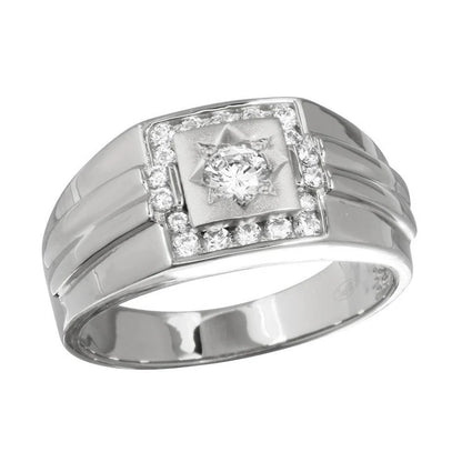 Rhodium Plated 925 Sterling Silver Men's Square Ring with CZ