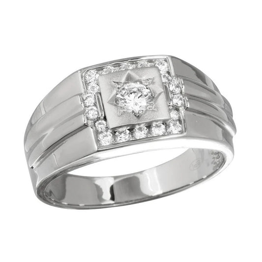 Rhodium Plated 925 Sterling Silver Men's Square Ring with CZ