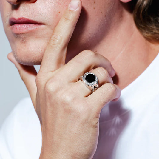 Rhodium Plated 925 Sterling Silver Men's Flat Oval Onyx Ring with CZ