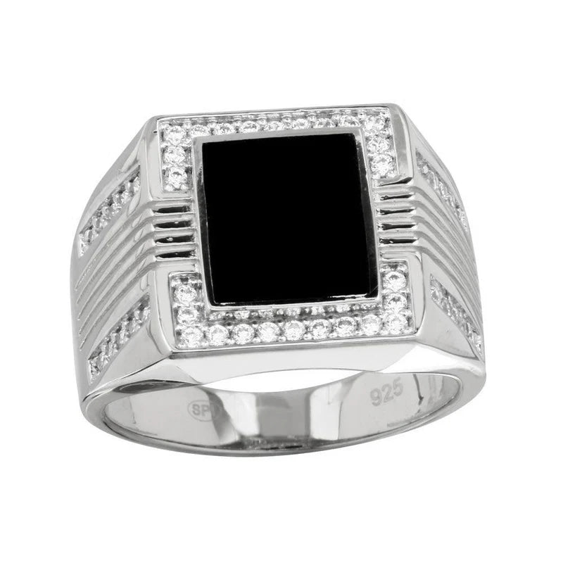Rhodium Plated 925 Sterling Silver Men's Square Flat Onyx Ring with CZ