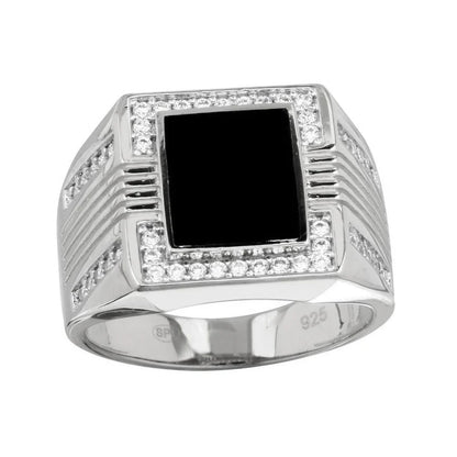 Rhodium Plated 925 Sterling Silver Men's Square Flat Onyx Ring with CZ