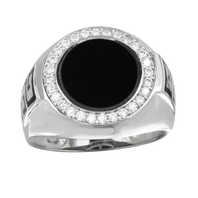 Rhodium Plated 925 Sterling Silver Men's Round Flat Round Onyx Ring with CZ