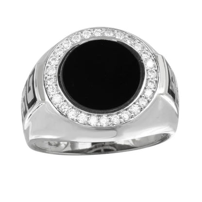 Rhodium Plated 925 Sterling Silver Men's Round Flat Round Onyx Ring with CZ