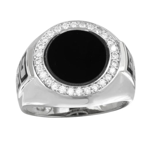 Rhodium Plated 925 Sterling Silver Men's Round Flat Round Onyx Ring with CZ