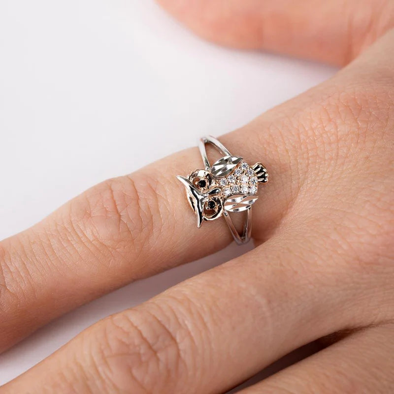 Silver CZ Diamond Cut Two-Tone Owl Ring