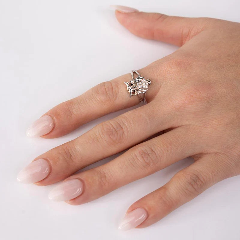 Silver CZ Diamond Cut Two-Tone Owl Ring