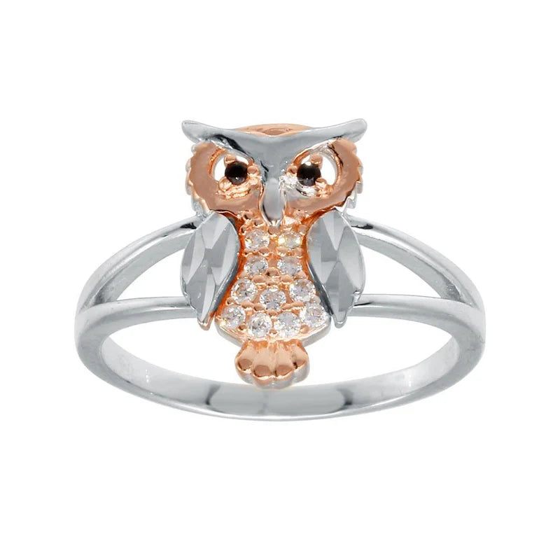 Silver CZ Diamond Cut Two-Tone Owl Ring