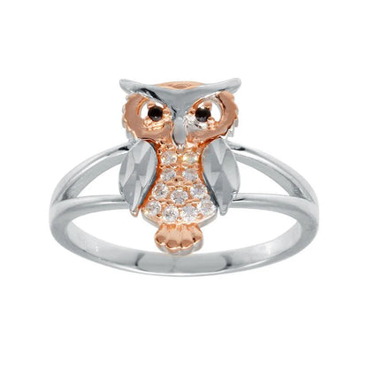 Silver CZ Diamond Cut Two-Tone Owl Ring