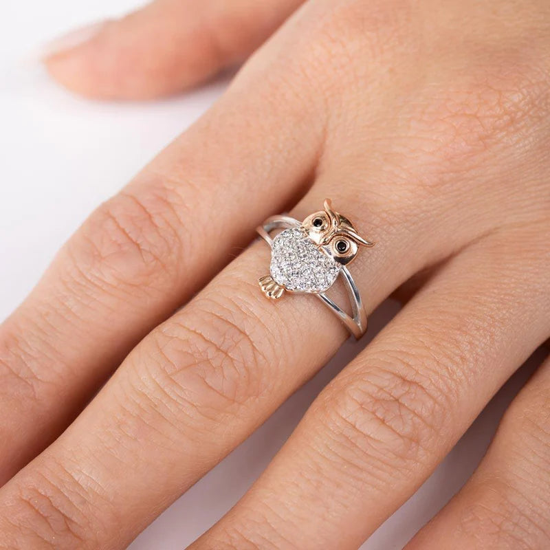 Two-Tone 925 Sterling Silver CZ Owl Ring