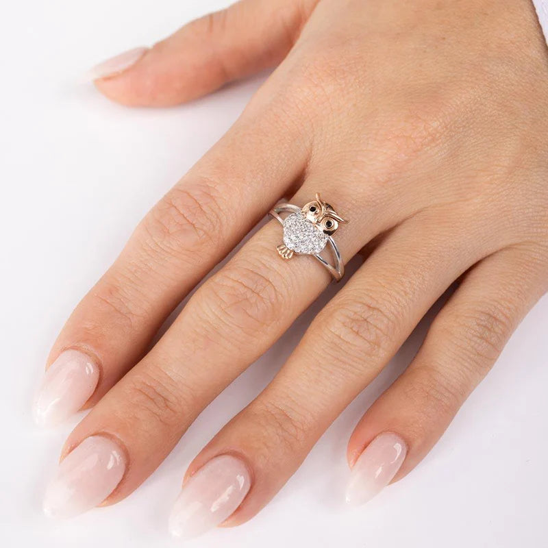 Two-Tone 925 Sterling Silver CZ Owl Ring