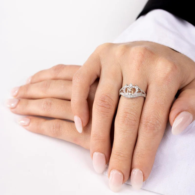 Rhodium Plated 925 Sterling Silver CZ Quinceanera Flower 2 Toned CZ Ring