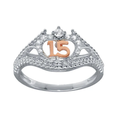 Rhodium Plated 925 Sterling Silver CZ Quinceanera Flower 2 Toned CZ Ring