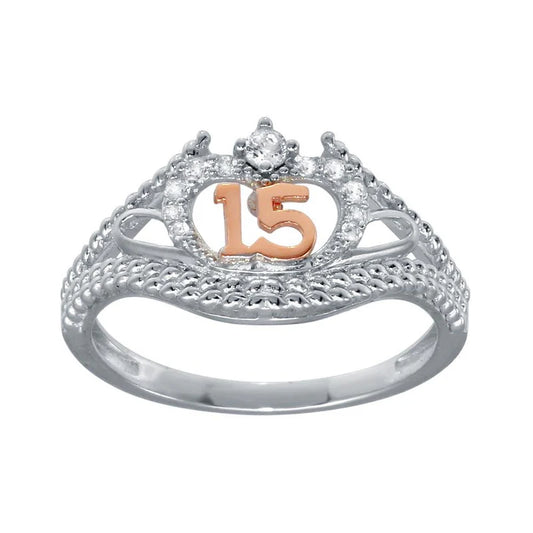 Rhodium Plated 925 Sterling Silver CZ Quinceanera Flower 2 Toned CZ Ring