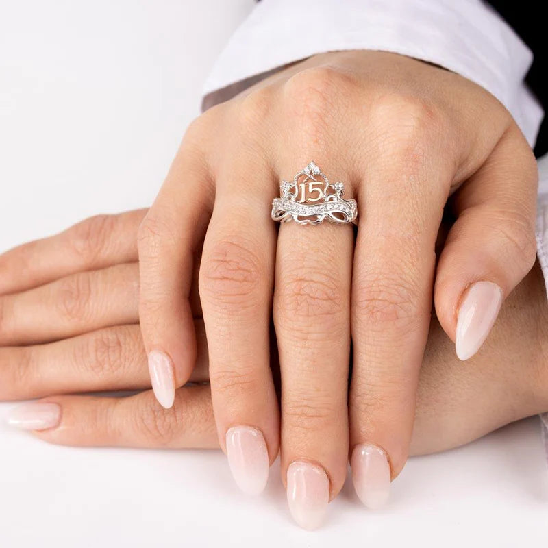 Two-Tone Sterling Silver CZ Quinceanera Crown Ring
