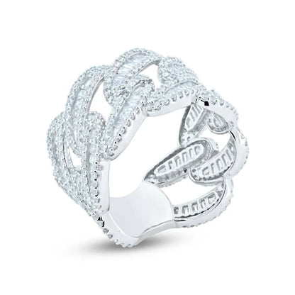 Men's Sterling 925 Sterling Silver Rhodium CZ Encrusted Chain Link Ring
