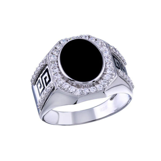 Rhodium Plated 925 Sterling Silver Men's Flat Oval Onyx Ring with CZ