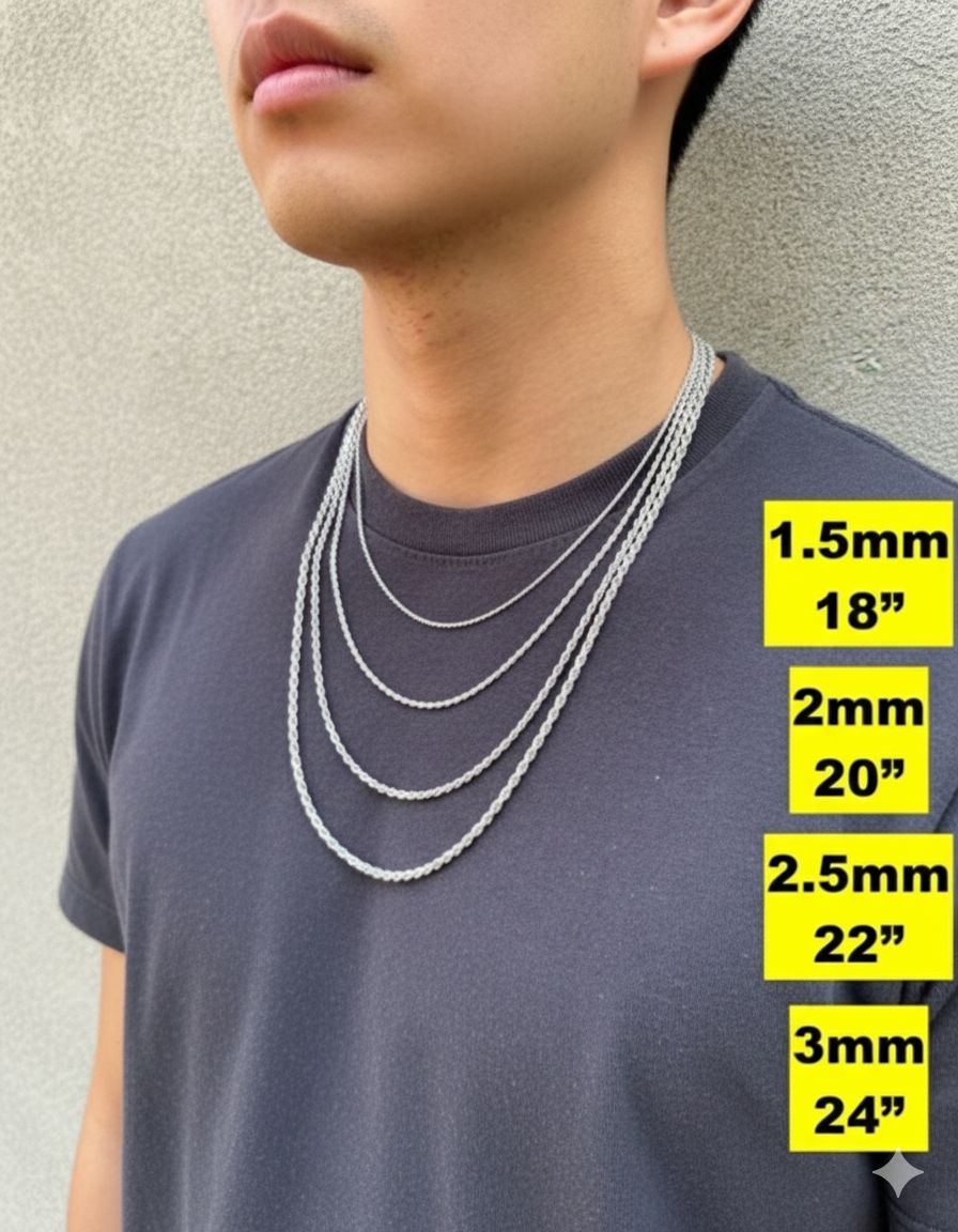 Twisted Rope Chain Necklace or Bracelet – Rhodium Plated 925 Sterling Silver – 1mm–6mm – 8"–30" – Made in Italy