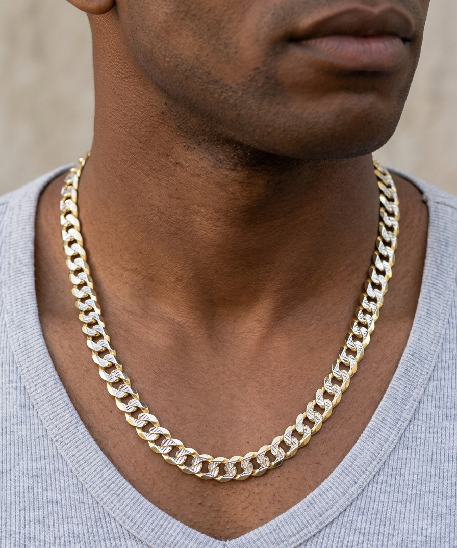 Flat Curb Cuban Chain Necklace - Two Tone Diamond Cut 14k Gold Vermeil 925 Sterling Silver