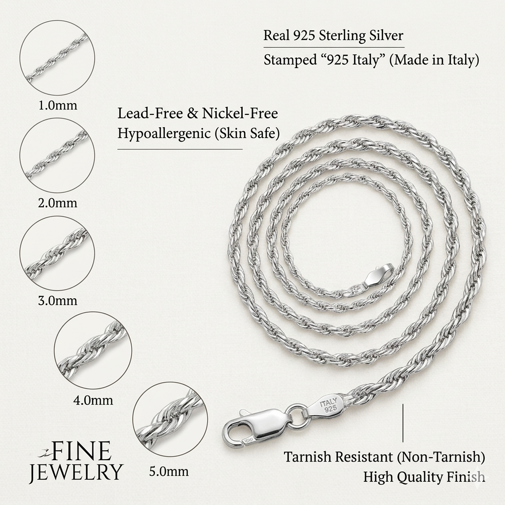 925 Sterling Silver Diamond Cut Rope Chain or Bracelet – 1mm–16mm – Made in Italy