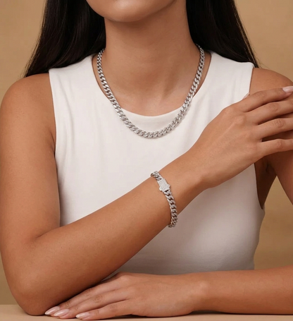 Rhodium Plated 925 Sterling Silver Miami Cuban Half Link Studded Clear CZ 6.9mm Necklace or Bracelet