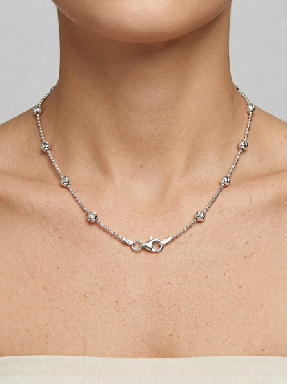 Rhodium Plated Alternating Wave Design Diamond Cut Bead Chain Necklace – 4mm – 18"–30" – Made in Italy