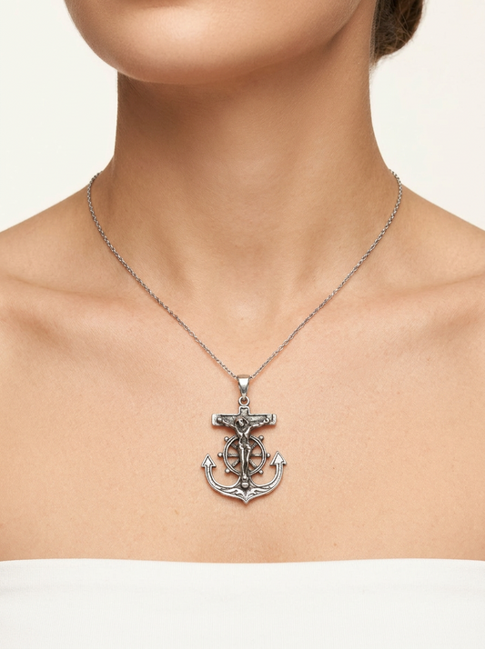 Sterling Silver Crucifix Anchor Pendant Necklace – Oxidized Rope Chain 18"