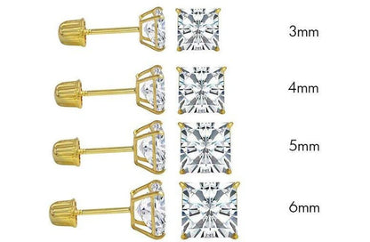 14 Karat Yellow Gold Square Moissanite Stud Screw Back Earring