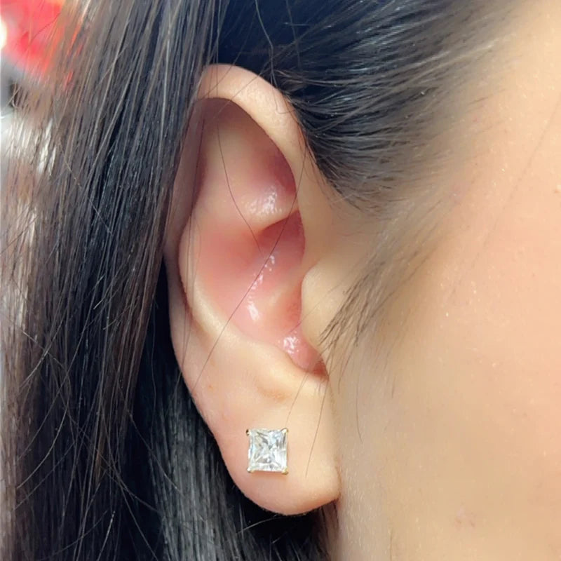 14 Karat Yellow Gold Square Moissanite Stud Screw Back Earring