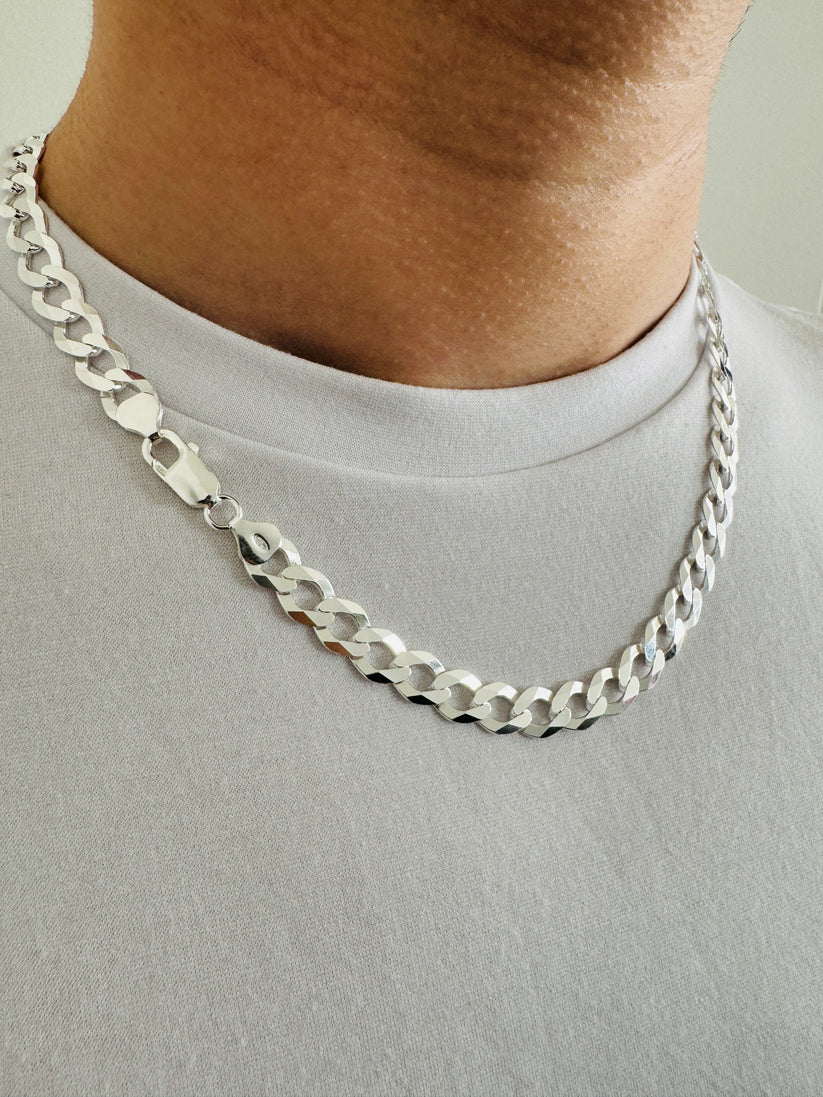 925 Sterling Silver Rhodium Plated Super Flat Curb Chain or Bracelet – 9mm – Made in Italy