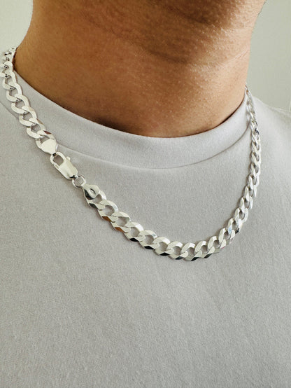 925 Sterling Silver Rhodium Plated Super Flat Curb Chain or Bracelet – 9mm – Made in Italy