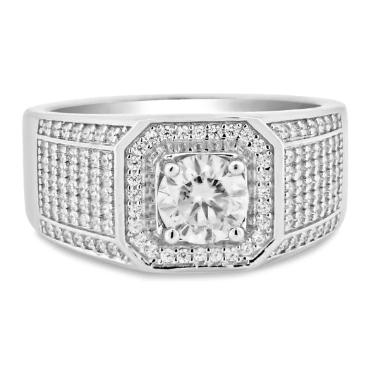 Rhodium Plated 925 Sterling Silver Men's 1 Carat Moissanite Stones Encrusted Statement Ring