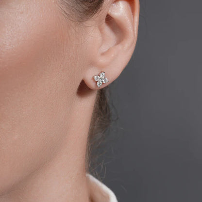 Rhodium Plated 925 Sterling Silver Flower Moissanite Studded 7mm Stud Earring