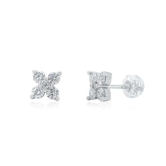 Rhodium Plated 925 Sterling Silver Flower Moissanite Studded 7mm Stud Earring
